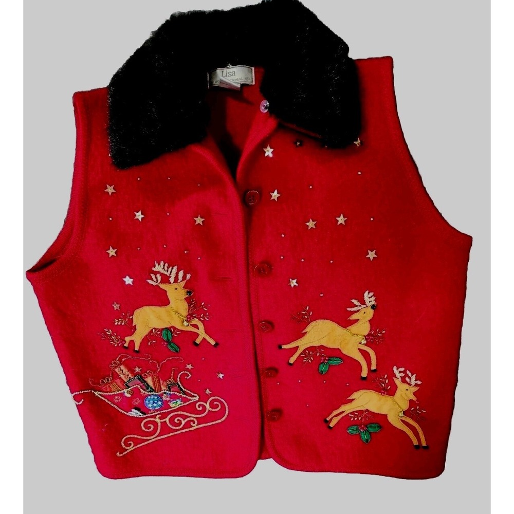 LISA Intl Christmas Knit Vest Red 100% Wool Womens Size Large Fur Collar